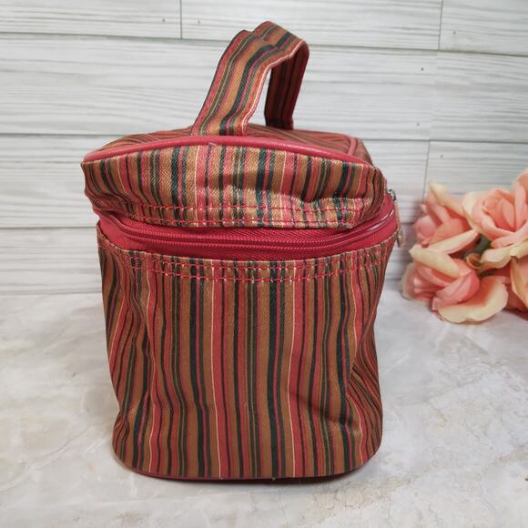 Lancôme Promo Cosmetic Bag Make Up Purse Red Striped Travel Pouch w/Handle 9x4" - Picture 5 of 9